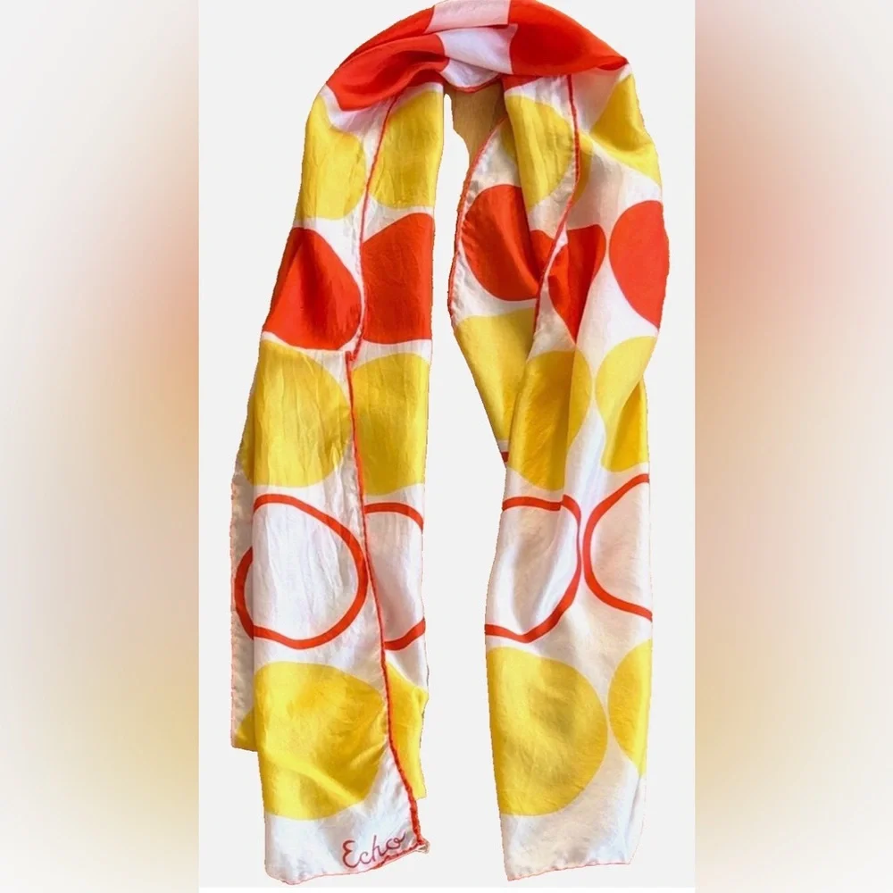 Vintage Echo 100% Silk Scarf Orange Yellow Circle Print Mod Retro Oblong